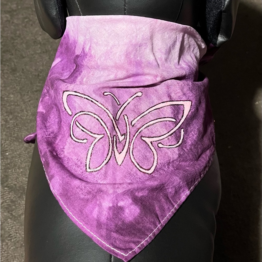 Triangle purple tie dyed dog bandana with butterfly